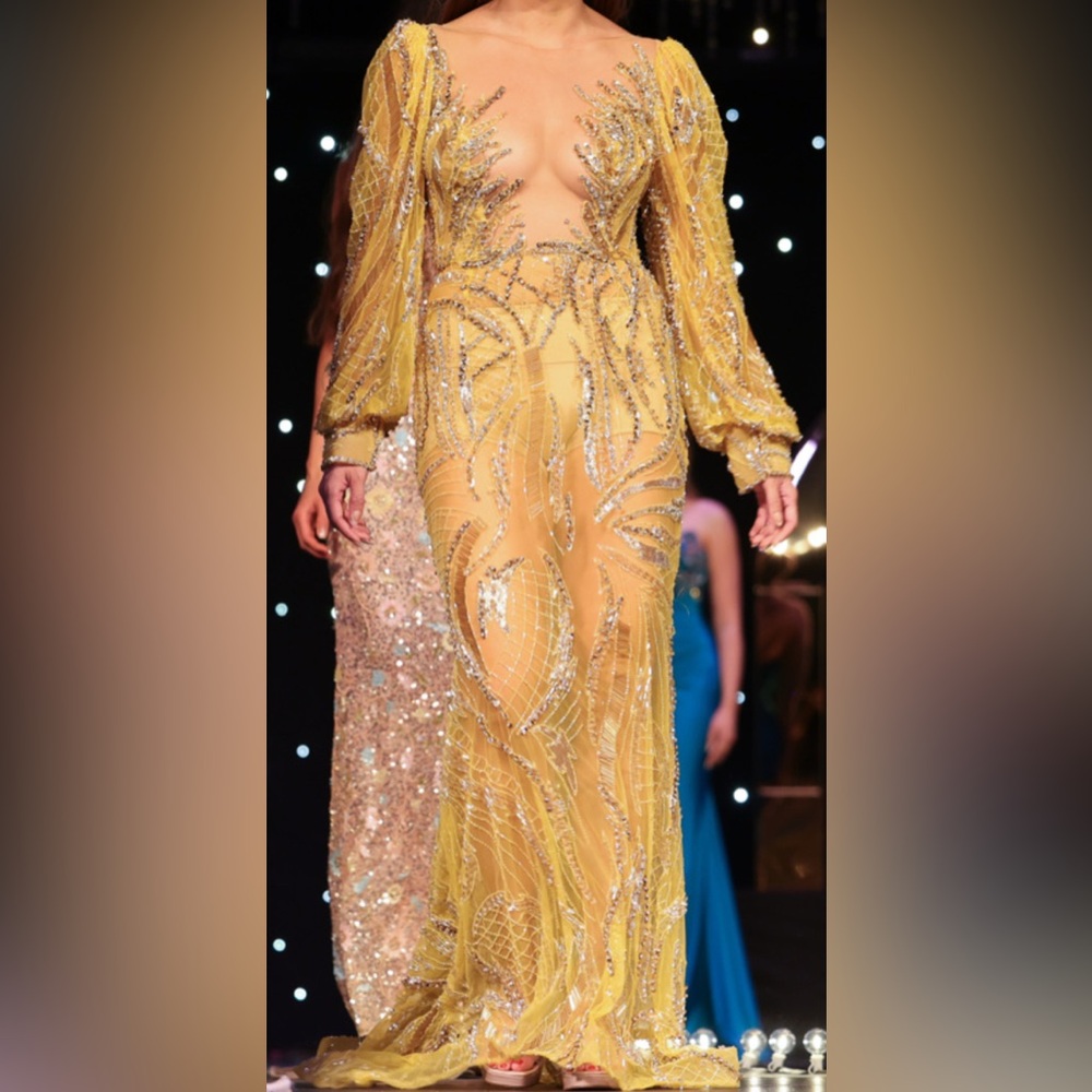 Albina Dyla Yellow Beaded Long Sleeve Gown